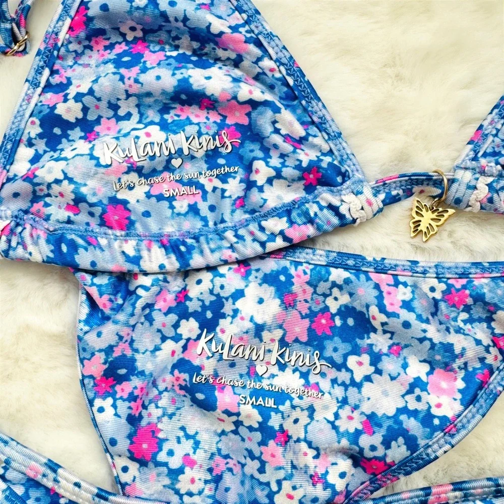 Kulani Kinis Blue Floral Triangle Bikini Set Small Womens